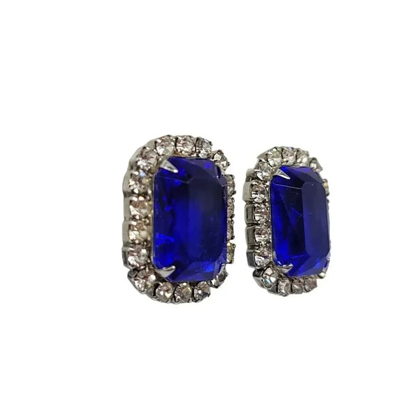 Large Silver Tone Blue Clear Rhinestone Clip Earrings Vintage 1" - Picture 3 of 5